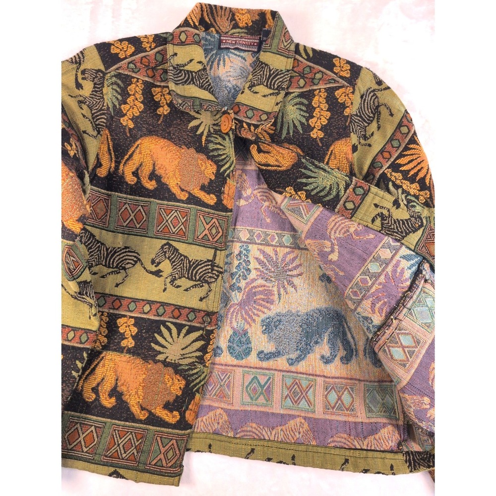 New Identity Vintage Tapestry Jacket Safari Lion Zebra Green Cotton Blend Medium - Picture 3 of 14
